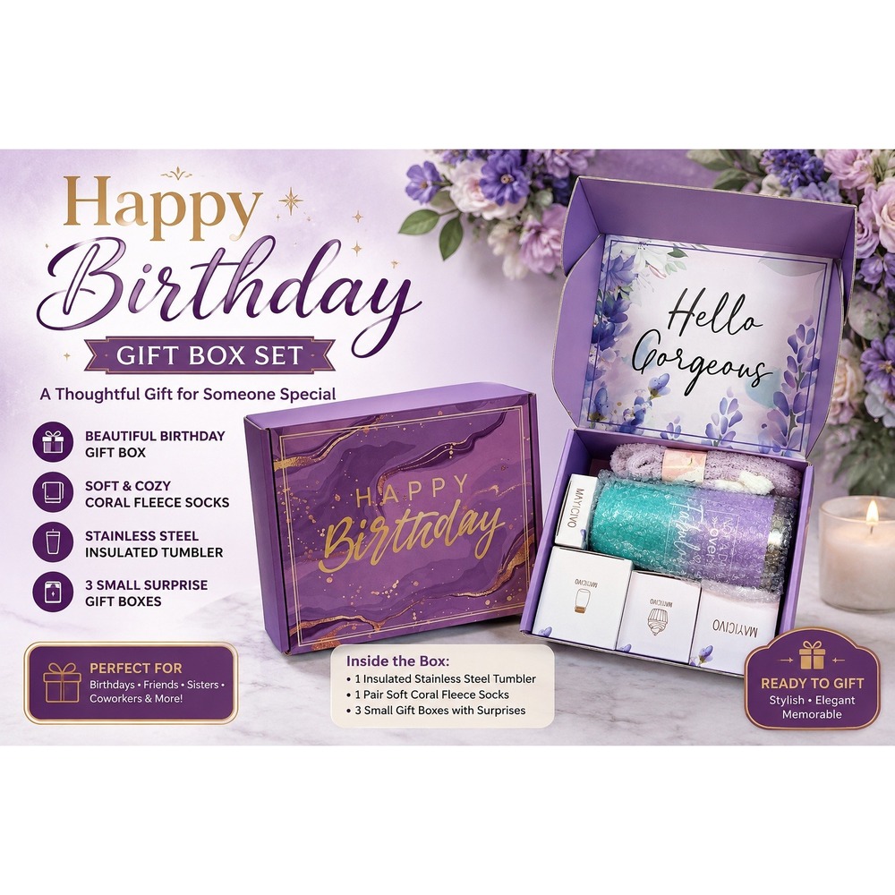 MAYICIVO Happy Birthday Gift Set for Women Purple Marble Spa Tumbler Socks Box